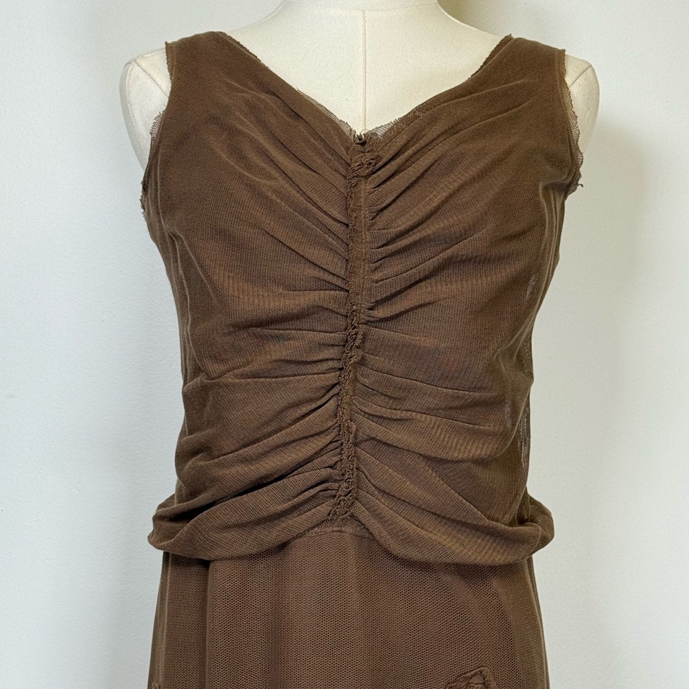 Max Studio Y2K Sleeveless Ruched Floral Appliqué Brown Midi Dress Women’s  XS - Picture 3 of 14